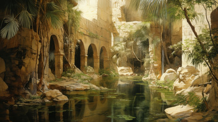 green plants near the water, reminiscent of raphael lacoste's style, featuring romantic ruins and contemporary middle eastern and north african art. the composition evokes the influence of john berkey, with eroded interiors that transport us to the time period between 500 and 1000 ce. tom's barcel. ai generatedの素材