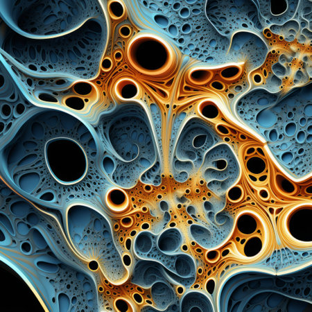 3d computer screen images available for free download for pc or mobile devices. these images feature biomorphic abstraction with a combination of light orange and dark blue colors. the style incorporates fractalism and organic material, resembling bone structures. created by phil koch, the images also incorporate gold and cyan elements. ai generatedの素材