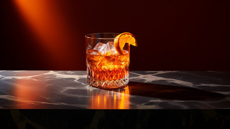 an alcoholic drink, showcasing traditional craftsmanship, is elegantly presented on a marble countertop. the dark orange and orange hues of the drink complement the softbox lighting, creating a visually appealing composition. the reimagined traditional techniques by mauro pincenardi and the smokey background add a touch of sophistication. reuben nakian's artistic influence is evident in the overall aesthetic. ai generatedの素材