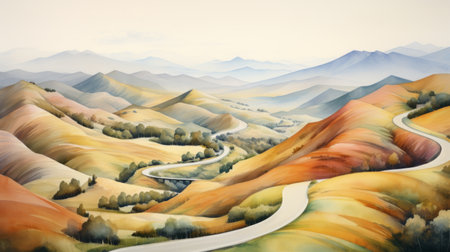 a watercolor painting depicting an open road in the mountains, inspired by the san francisco renaissance style. the artwork showcases organic shapes and curved lines, with realistic and hyper-detailed renderings. it embodies the prairiecore aesthetic, featuring light gold and orange hues. this large-scale muralist piece beautifully captures delicately rendered landscapes. ai generatedの素材