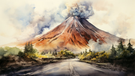 a stunning watercolor illustration of a volcano emitting billowing smoke. this detailed artwork beautifully captures the essence of nature with its delicate strokes and realistic portrayal. the vibrant colors and highly detailed environment make this atmospheric portrait truly captivating. ai generatedの素材