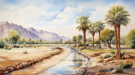 a stream in palm trees, with the sun reflecting off its surface, creates a picturesque scene reminiscent of delicate watercolor landscapes. this photo captures the essence of desertwave and traditional oil paintings, while also evoking the terrain of northern china. the photo's composition and attention to detail give it a photo-realistic quality, with a flattened perspective that adds to its artistic appeal. ai generatedの素材