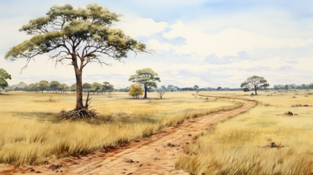 a watercolorist's depiction of an arid australian landscape, showcasing a detailed dirt road surrounded by delicately rendered wildlife and landscapes. the pastoral style painting features light yellow and light indigo hues, capturing the serene beauty of the scene. this high-resolution artwork measures 3840x2160 pixels. ai generatedの素材