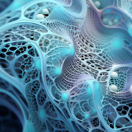 a close-up photo of a blue, 3d computer-generated art design featuring organic biomorphic forms, infinity nets, and cellular formations. the design showcases a combination of dark white and light aquamarine colors, with hyper-detailed illustrations and scientific-inspired elements. the background is richly detailed, adding depth to the overall composition. ai generatedの素材