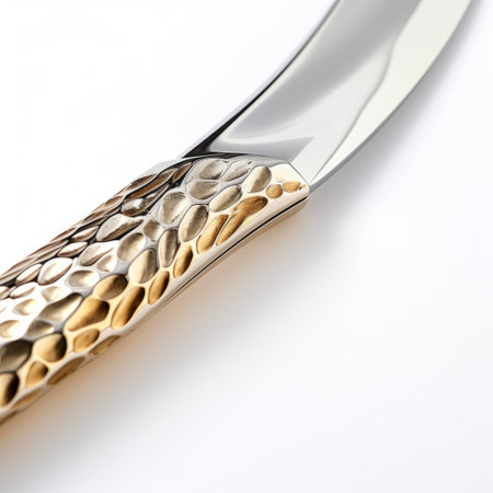 a patterned knife, inspired by the style of rob hefferan, is showcased in this image. the knife exhibits a light gold color and is captured in dynamic outdoor shots, highlighting its polished craftsmanship. the intricate pattern on the knife follows the concept of figura serpentinata, while the photorealistic detail adds to its allure. this knife is a masterpiece by miwa komatsu. ai generatedの素材