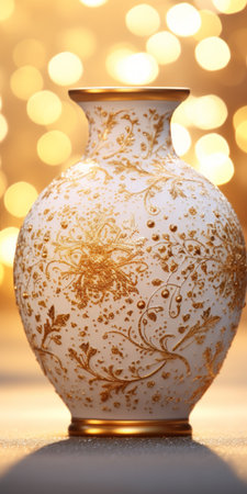 a ceramic vase with a floral pattern on a white background. glitters added for enhanced visual appeal and hyper-realism. captured with a 50mm macro focus to showcase intricate details. ai generatedの素材
