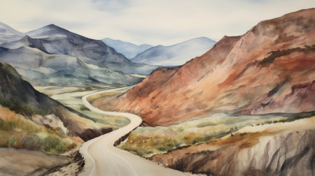 a watercolor painting of a desert road winding through the mountains, inspired by traditional british landscapes. the vibrant colors swirl together, creating a polychrome terracotta effect. the hyperrealistic depiction showcases the beauty of the landscape, with streamlined forms reminiscent of himalayan art. the aerial view adds a unique perspective to this captivating artwork. ai generatedの素材