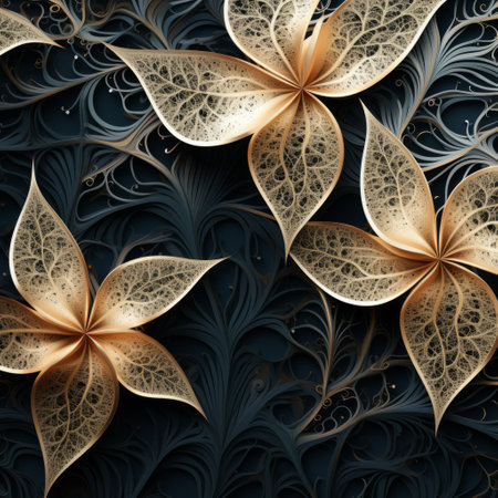 rhinestones and golden flower elements create a captivating contrast against a dark background. the textured organic forms and detailed crosshatching add depth and dimension to the design. made of vines, this artwork captures quiet moments in paint, showcasing intricate cut-outs. explore this mesmerizing composition on flickr. ai generatedの素材