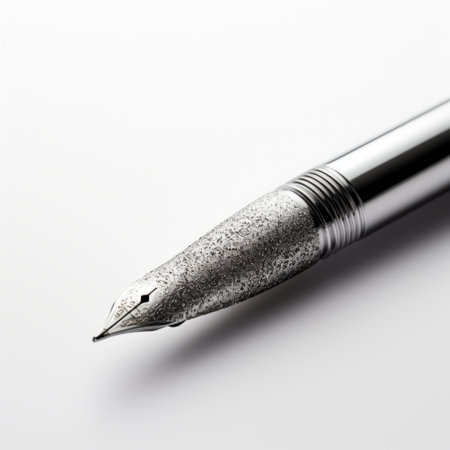 a stainless steel pen with a black cap rests on a white table, showcasing a glitter and diamond dust style. this pierre pellegrini creation features a layered texture, digitally enhanced by geof darrow. its blink-and-you-miss-it detail adds a precise and lifelike touch to the photo. ai generatedの素材