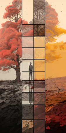 a man gazes at trees in a conceptual painting with warm color palettes, multi-panel compositions, and a smokey background. inspired by japanese art, the piece captures trapped emotions through its light red and gray tones. ai generatedの素材