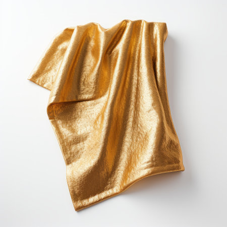 gold towel in seamless pattern isolated on white background. this unique design draws inspiration from the style of sculptural installation artist, leatherhide, and onii kei fashion. the towel shimmers with a touch of ssaku hanga influence, while evoking the essence of sculptural costumes. the realistic still life composition is enhanced by dramatic lighting, creating a captivating visual experience. ai generatedの素材