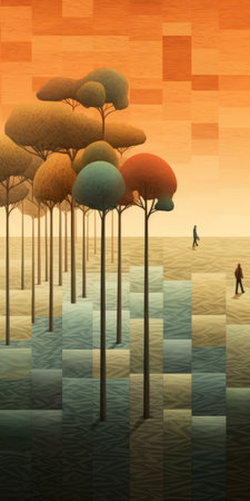 the photo showcases a captivating blend of the sun and moon, surrounded by a tree and silhouetted trees. inspired by the styles of cubist futurism and pixelated landscapes, this artwork by peter gric features surreal figurative art with a flattened perspective. the emotive fields of color add depth and intensity to the 3840x2160 resolution image. ai generatedの素材