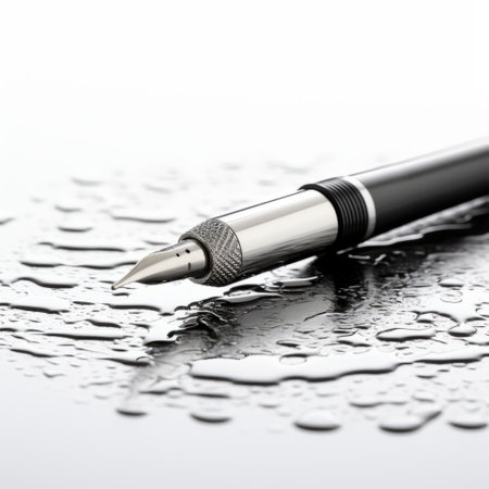 a silver and black fountain pen, rendered in photorealistic detail using octane render, sits on a table covered in water drops. the cad-designed pen showcases sharp angles and a sleek matte finish, creating a visually striking image. this associated press photo captures the elegance and precision of the fountain pen. ai generatedの素材