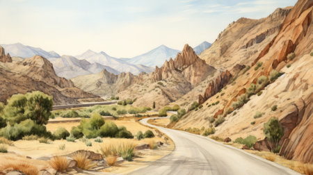 a stunning hand-painted watercolor landscape painting of mountains and rivers in a desert area, featuring juniper trees. this iran oil painting captures the beauty of the scenery in a style reminiscent of california plein air. the detailed architectural scenes and hyperrealistic environments add depth to the 8k resolution image, creating collaged landscapes that are reminiscent of bryce 3d. ai generatedの素材