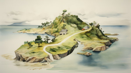watercolor island house art by ayra eml, a drawing inspired by romanticized depictions of wilderness and traditional oil paintings. this piece combines elements of kintsugi, monumental vistas, folkloric realism, cyclorama, and american tonalism. ai generatedの素材