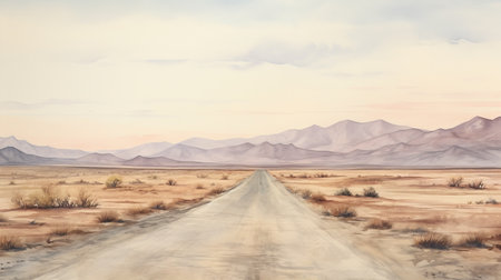 a road winds through the picturesque mountains, depicted in a realistic watercolor style. the soft and muted color palette adds to the serene atmosphere of the scene. this artwork by scarlett hooft graafland showcases photorealistic compositions, capturing the essence of rural america. the desertwave aesthetic is evident in the tranquil beauty of this prairiecore-inspired image. ai generatedの素材