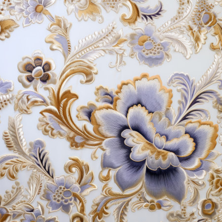 blue and gold floral wallpaper pattern photo featuring a light purple and light amber color scheme. this high-resolution 32k uhd image showcases meticulous attention to detail, with a stunning combination of glass and ceramics. the design also incorporates heavy metal embroidery, created by the talented artist peter mitchev, adding a touch of elegance to the decorative arts. ai generatedの素材