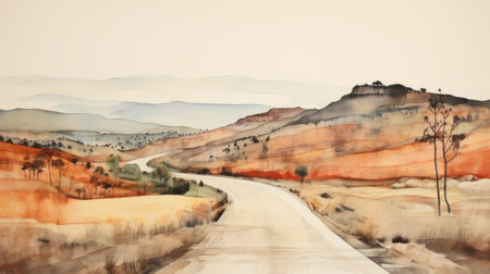 watercolor painting of an equator and mountains with a road in the distance. the artwork showcases a contemporary turkish art style, featuring light beige and orange hues. the rural landscape is depicted with polychrome terracotta tones, creating a visually striking composition. captured using a sony alpha a7 iii camera, the image has been digitally enhanced to enhance its muted and earthy tones. ai generatedの素材