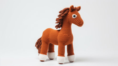a knitted pony horse with brown and white stripes, in the style of dark orange and light orange, is captured in this photo. the artist, elke vogelsang, draws inspiration from govaert flinck and leiji matsumoto, resulting in a cartoonish simplicity. the thick texture and interlaced figures add depth to the charming creation. ai generatedの素材
