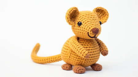 amigurumi mouse pattern by tfoilafrica on flickr. this adorable crochet mouse is made in the style of light gold and amber. captured with a sony alpha a7 iii, the photo showcases the intricate details of the pattern. inspired by artists scott adams and govaert flinck, the mouse is surrounded by ready-made objects in shades of dark yellow. photo taken with a nikon d750. ai generatedの素材