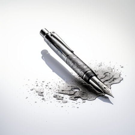 a pen, placed delicately in a drop of water and ice, is showcased amidst a glass setting. this realistic and hyper-detailed rendering captures the pen's dark silver hue, adorned with graffiti-like markings. the precise craftsmanship of the leica i camera is evident, as textured splashes create a captivating interplay of intense light and shadow. ai generatedの素材