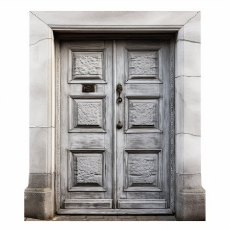 an old stone door in an open space, showcasing the iconic 20th-century scandinavian style. the door features a light gray and dark bronze color scheme, designed by franklin booth. the illusory images on the door stand out against the white background, while ornamental details and embellishments add a touch of elegance. this matte photo captures the timeless beauty of the door. ai generatedの素材
