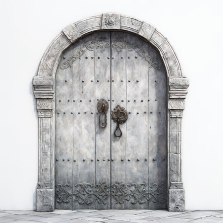 a large metal door, rendered in 3d, is available for free download. this door is designed in the style of rustic renaissance realism, featuring a white and gray color scheme. with elements of mystical surrealism and mayan art and architecture, it stands out against a white background. the mottled texture adds to its charm, while the design is inspired by mediterranean aesthetics. ai generatedの素材