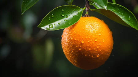 an orange, with its vibrant and explosive pigmentation, hangs gracefully from a branch. the wet-on-wet blending technique used in this artwork showcases immaculate perfectionism. the water drops glistening on the orange's surface add a touch of realism. the contrasting colors of dark orange and light emerald create a visually striking composition. this artwork reflects the artist's environmental awareness and captures the essence of toraji. aiの素材