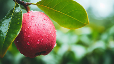 close-up of an apple branch with drops falling, showcasing a dark pink and light gray color palette. this photograph captures the essence of working-class empathy through its humble charm and bold coloration. the bold color usage and contrast-focused approach highlight the beauty of the apple core. ai generatedの素材