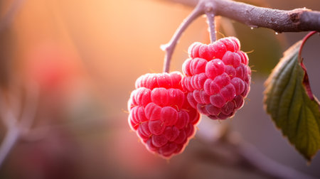 irregular raspberries hanging on a branch in the sunlight, showcasing soft color blending and a psychedelic-inspired aesthetic. captured with a 35mm lens, the image features a soft focus lens effect, bold lines, and vibrant colors. the raspberries are a light maroon shade, adding to the overall visual appeal. the composition highlights the soft and rounded forms of the fruit. ai generatedの素材