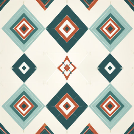 vintage abstract geometric pattern with ornamental motifs, featuring minimalist geometric abstractions in dark turquoise and light orange, as well as light beige and emerald. the design showcases symmetry and repetition, creating a visually captivating composition. these minimalist backgrounds provide a sparse yet striking aesthetic. ai generatedの素材