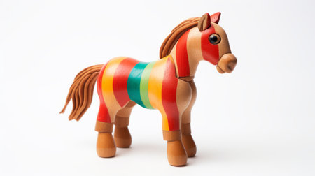 a toy wooden horse, inspired by the style of steinheil quinon 55mm f19, is depicted in vibrant rainbow stripes. this eye-catching piece showcases animals in a heidelberg school-inspired design. with its light red and amber hues, striped arrangements, and low resolution, this photo captures intricate and captivating details. ai generatedの素材