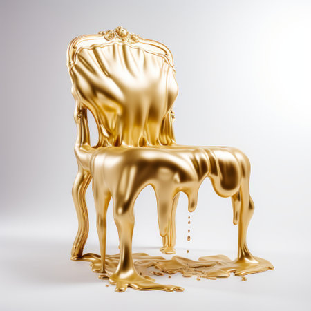 a 3d render of a gold chair, featuring a drip painting style with melting and layered imagery. the chair showcases subtle irony and is spray painted, highlighting the emphasis on the process. the design is ornate and appears as if it has been poured. ai generatedの素材