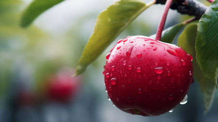 an apple tree adorned with glistening water droplets, showcasing a captivating blend of dark red and silver hues. captured through a soft focus lens, the image exudes a close-up intensity. this mesmerizing sight is set against the backdrop of norway's breathtaking nature, with vibrant street scenes adding a touch of smoothness and polish. ai generatedの素材