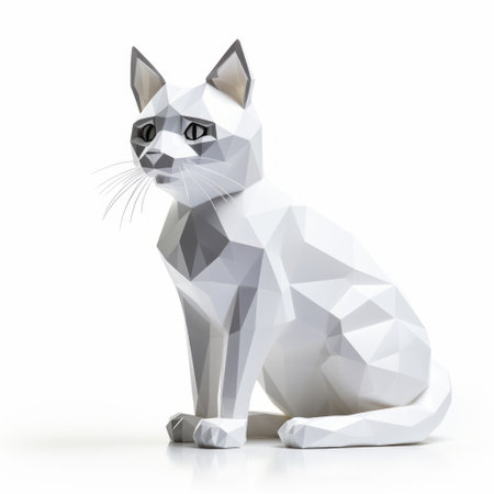 a low poly silhouette of a white cat is depicted on a white background, showcasing a multilayered surfaces style. inspired by industrial design and mundane materials, this artwork is created using zbrush software. the cat's form is composed of geometric shapes and patterns, rendered in a realistic manner with a color palette of dark white and silver. ai generatedの素材
