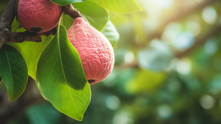 fruit on a tree with bright sunlight behind, featuring a light pink and light gray color palette. the photo showcases a textural surface treatment with bold lines and vibrant colors. it exudes a pigeoncore aesthetic, incorporating light red and light beige tones, while also incorporating vintage imagery. ai generatedの素材