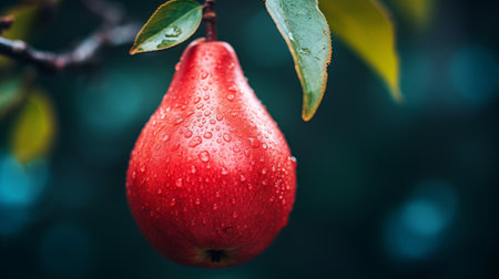 a pear with raindrops hanging on a tree is captured in this photo against a vibrant green background. the composition showcases a texture-rich display with light crimson and dark azure tones. the image, taken with a ricoh gr iii, features bold and vibrant color gradients, including dark teal and light crimson. ai generatedの素材
