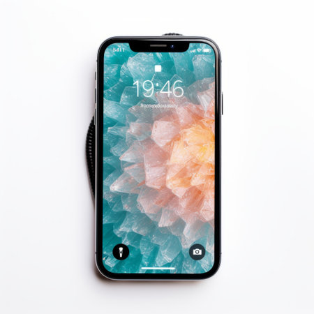an iphone xs featuring a prominent app button and adorned with a captivating floral wallpaper. the image showcases a monochromatic symmetry, exuding an energy-charged vibe. set against a clean white background, this uhd nature morte composition captures the essence of a modern, sleek aesthetic. the contrasting black and aquamarine elements add a touch of vibrancy to the overall composition. ai generatedの素材