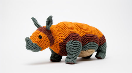 a knitted rhinoceros toy is showcased on a white background, featuring a unique design inspired by mosaic-like forms. the toy is adorned with sharp, prickly lines in bold colors of light orange and dark maroon. this creation draws inspiration from the artistic styles of francine van hove and angura kei, while also incorporating a nature-inspired camouflage pattern. ai generatedの素材