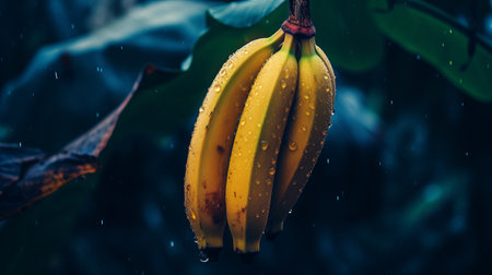 a photo of a banana tree adorned with raindrops, captured in the style of dark yellow and dark blue hues. the image has been cross-processed, resulting in a unique visual effect. shot in 8k resolution, this photograph showcases the artistic influence of aleksandr deyneka, combining elements of charming realism and the y2k aesthetic. the composition also features an applecore, adding an intriguing touch to theの素材