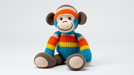 colorful monkey crochet toy captured in a photo with a nikon d750. the toy features vibrant stripes in light cyan and dark beige, complemented by accents in light orange and dark gray. the bold and large-scale color-blocked textiles create a visually striking image with a high tonal range. ai generatedの素材