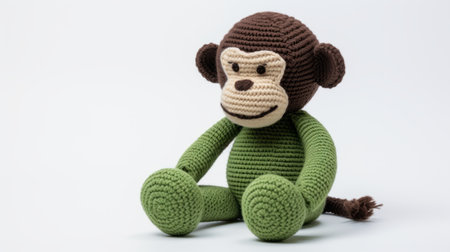 the small monkey amigurumi doll is crocheted with brown eyes and black, featuring precisionist lines. its design draws inspiration from green academia, industrial and product design. the doll's bold and colorful appearance reflects a large-scale, simplistic cartoon style. the color palette includes shades of green and beige. ai generatedの素材