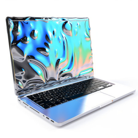 a laptop with shiny, silver paint is featured in this picture, showcasing a unique blend of sculpted impressionism and colorful absurdism. the image is captured in stunning 8k 3d, highlighting the melting and glazed surfaces of the laptop. the design embodies machine aesthetics and exudes a captivating stimwave. ai generatedの素材