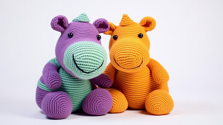 the hippo knitting pattern features a crocheted and stitched toy of a hippo. this adorable creation is designed in a style that combines light orange and purple, light emerald and dark amber colors. inspired by artists such as nicola samori and jan pietersz saenredam, this toy showcases colorful figures. it also draws inspiration from the works of doug hyde and dau al set. ai generatedの素材