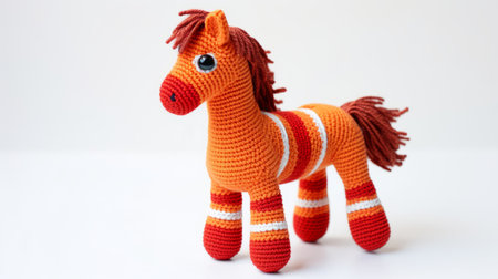 a knit orange and white crochet horse toy with cute cartoonish designs, featuring bold and colorful stripes in light red and dark orange. this large-scale toy showcases realistic forms and embodies a post-punk diy aesthetic. ai generatedの素材