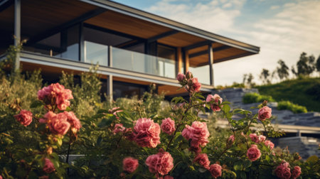 a modern home nestled in the mountains, enveloped by vibrant rose bushes. captured with the poetic elegance of the canon eos 5d mark iv, this image exudes refined elegance and embodies the swiss style. the soft-focus technique and vignetting add a touch of representational charm to this picturesque scene. ai generatedの素材