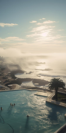 a group of individuals enjoying a pool, captured in the style of majestic, sweeping seascapes. this soft mist documentary travel photograph showcases the beauty of the scene. shot in 32k uhd resolution, it portrays naturalistic cityscapes with the rollei prego 90 camera. the overall aesthetic of the image aligns with the popular palewave trend. ai generatedの素材