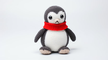 a white stitched toy penguin wearing a red scarf is showcased in this low-resolution photo. the penguin is designed in a knitted and crocheted style, with a light gray and light black color scheme. against a white background, the image features subtle shading in dark gray and dark beige, creating a bold and eye-catching contrast. ai generatedの素材