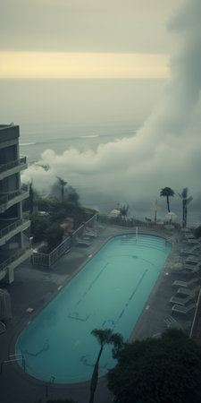 a building with balconies featuring a water inlet, exuding a hazy and dreamlike quality. this architectural marvel captures the essence of poolcore aesthetics, surrounded by atmospheric clouds. the image showcases the unique style of new american documentary photography, with a touch of uncanny and eerie elements. shot using the sony fe 12-24mm f/2.8 gm lens, it beautifully captures the mesmerizing reefwave effect. ai generatedの素材