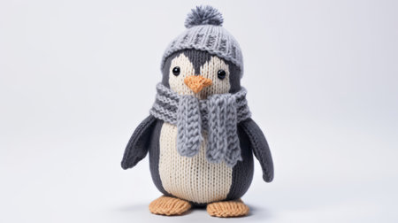 a hand-knit penguin, meticulously detailed in the style of gray fabric, is showcased on a white background. this adorable creation by kevin hill features toy-like proportions and a warm tonal range. perfect for penguin enthusiasts, this charming piece is a testament to the artistry and craftsmanship of adafruit. ai generatedの素材